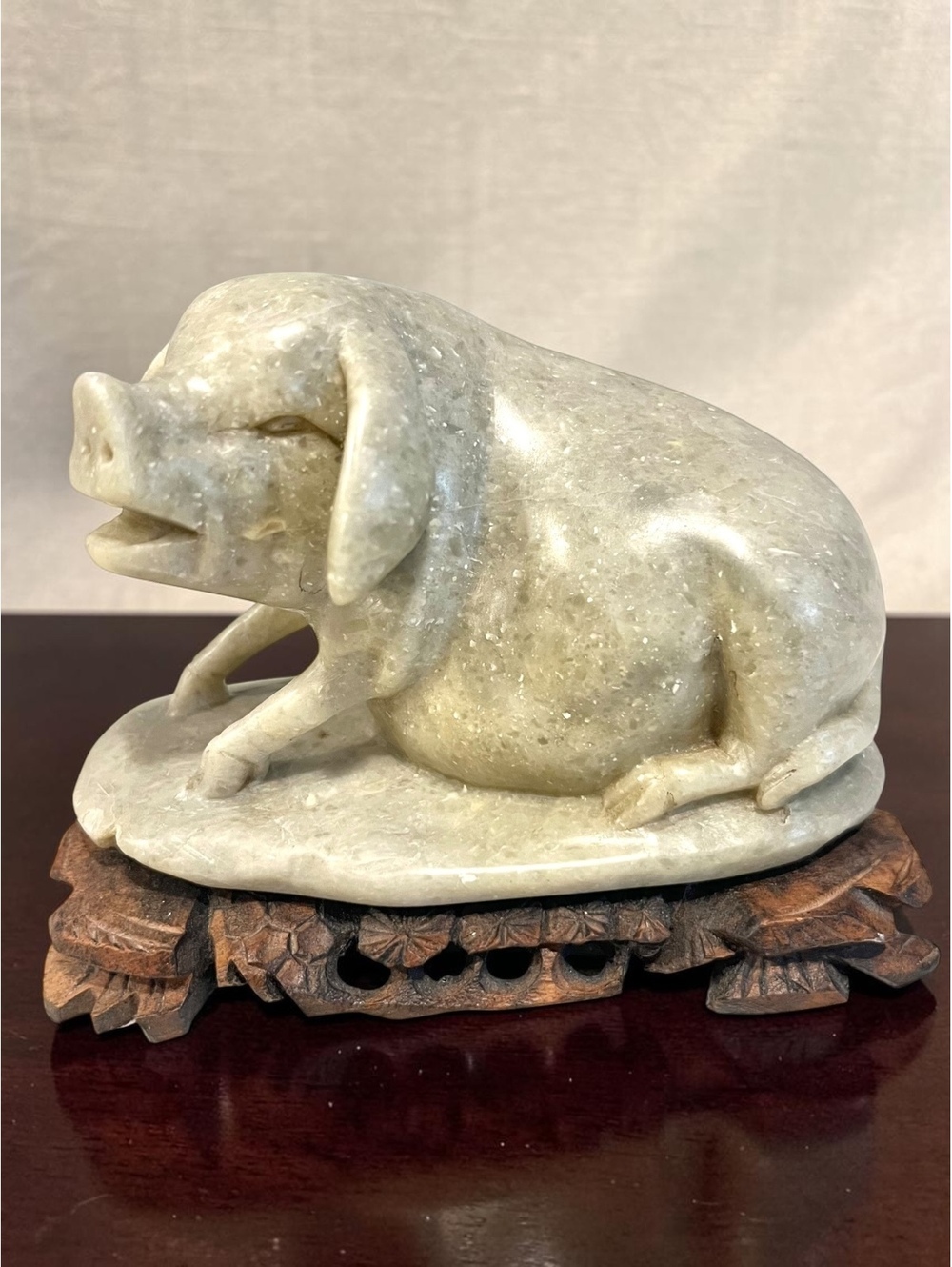 Vintage Hand Carved Soapstone Pig Boar Figurine Carved Wood Stand Asian Decor